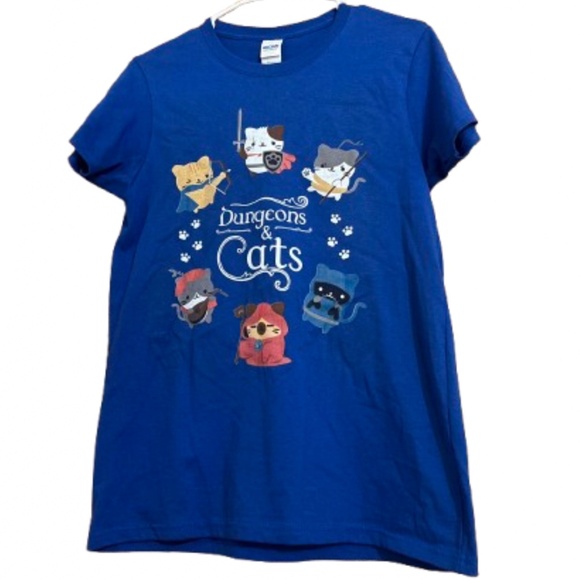 Gildan Women’s Blue Multi Dungeons and Cats Print 100% Cotton Shirt Sz-S - Picture 1 of 4